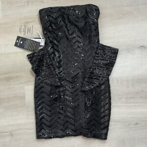 Bebe Wonderland Strapless Peplum Sequin Dress Black XS NWT